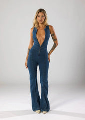 Duttini | Fitted Denim Jumpsuit With Plunge Neck And Flared Legs