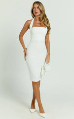 Vanessa Midi Dress - Halter Neck Below Knee Column Dress In White