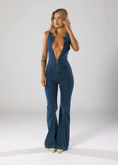 Duttini | Fitted Denim Jumpsuit With Plunge Neck And Flared Legs