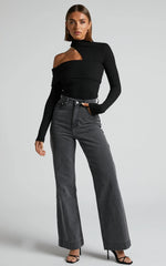 Kiefer Top - Asymmetric Long Sleeve Cutout Top in Black
