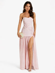 Jefferies Maxi Dress - Peplum Bodice Contrast Georgette Dress In Pink