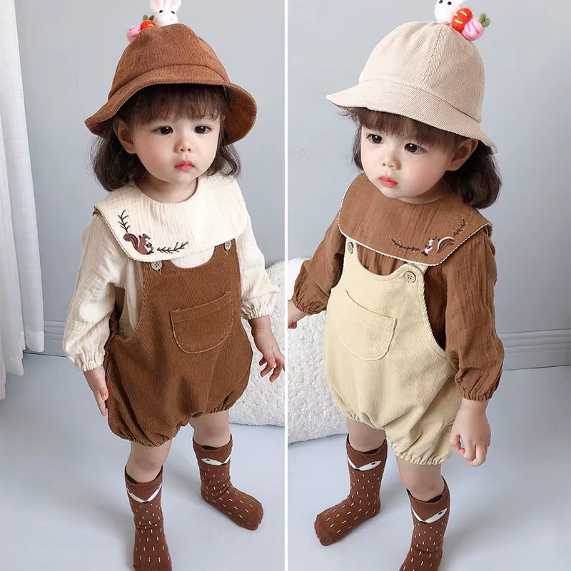 Autumn Baby Boys Girls Clothes Set Baby Long Sleeve Embroidered Bodysuit and Toddler Corduroy Overalls Jumpsuit Infant Outfits