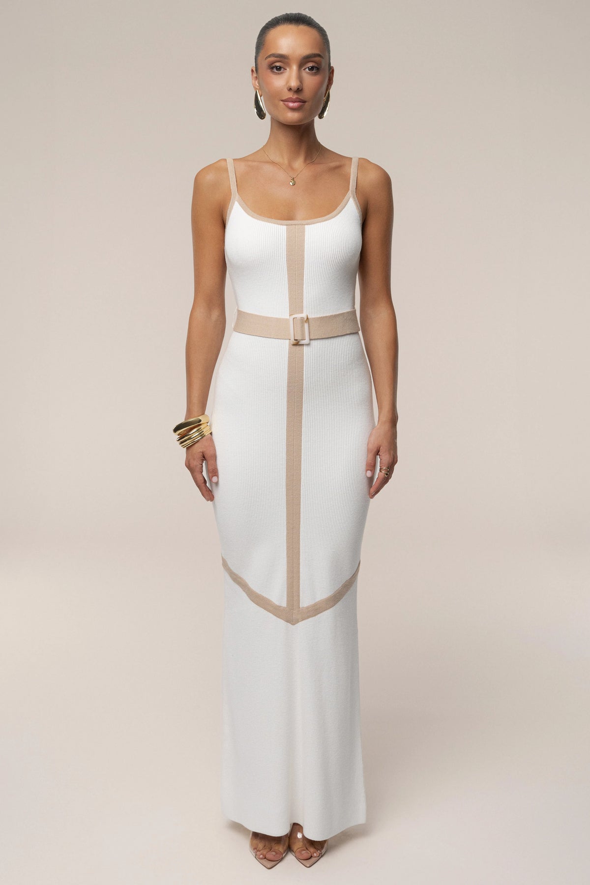 Ivory Beige Belted Cami Maxi Dress